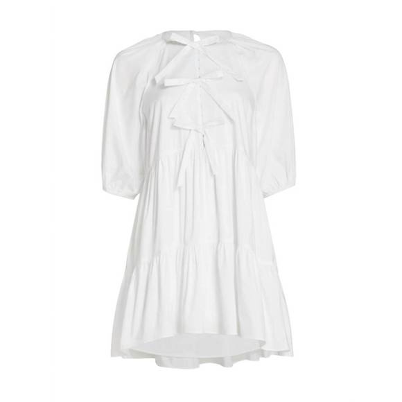 NEW CINQ A SEPT lynn cotton bow detail puff sleeve flared mini dress in white - Picture 2 of 6